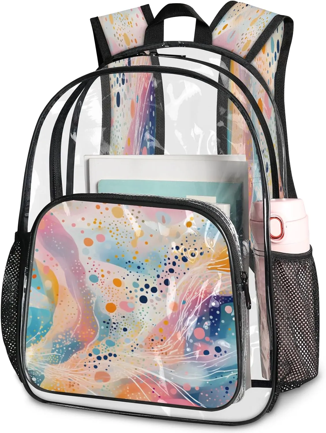 KOBLEN Colorful Flow Art 14.2 Inch Clear Backpack, Heavy Duty Transparent PVC Daypack with Adjustable Padded Straps, Large Capacity Clear Bag for Festival, Concerts, Travel