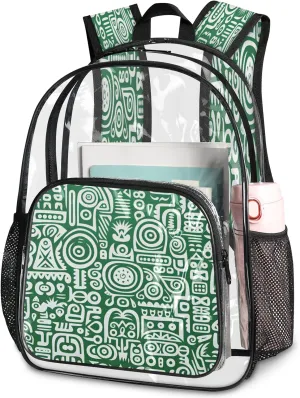 KOBLEN Green White Abstract Motifs 14.2 Inch Clear Backpack, Heavy Duty Transparent PVC Daypack with Adjustable Padded Straps, Large Capacity Clear Bag for Festival, Concerts, Travel