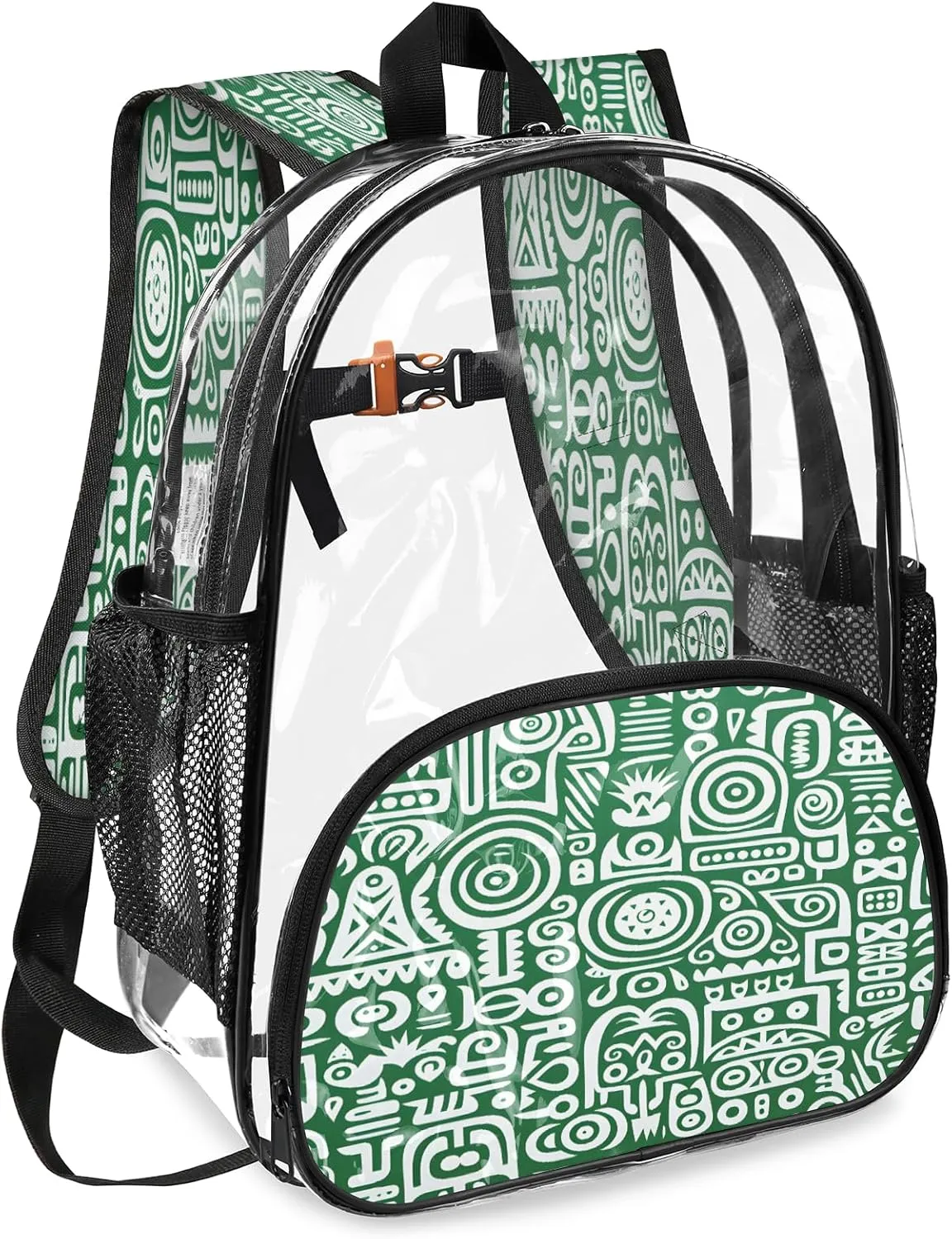 KOBLEN Green White Abstract Motifs 14.2 Inch Clear Backpack, Heavy Duty Transparent PVC Daypack with Adjustable Padded Straps, Large Capacity Clear Bag for Festival, Concerts, Travel