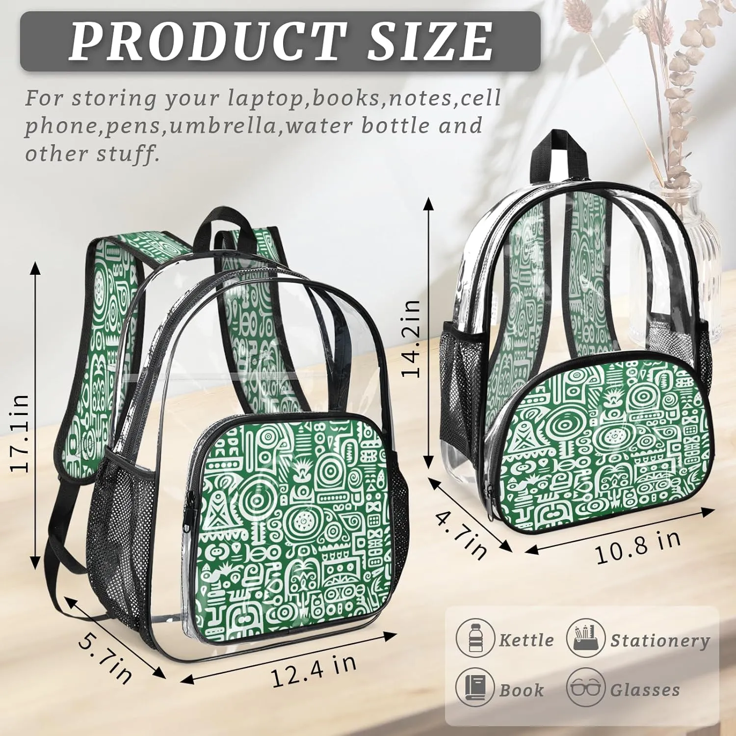 KOBLEN Green White Abstract Motifs 14.2 Inch Clear Backpack, Heavy Duty Transparent PVC Daypack with Adjustable Padded Straps, Large Capacity Clear Bag for Festival, Concerts, Travel