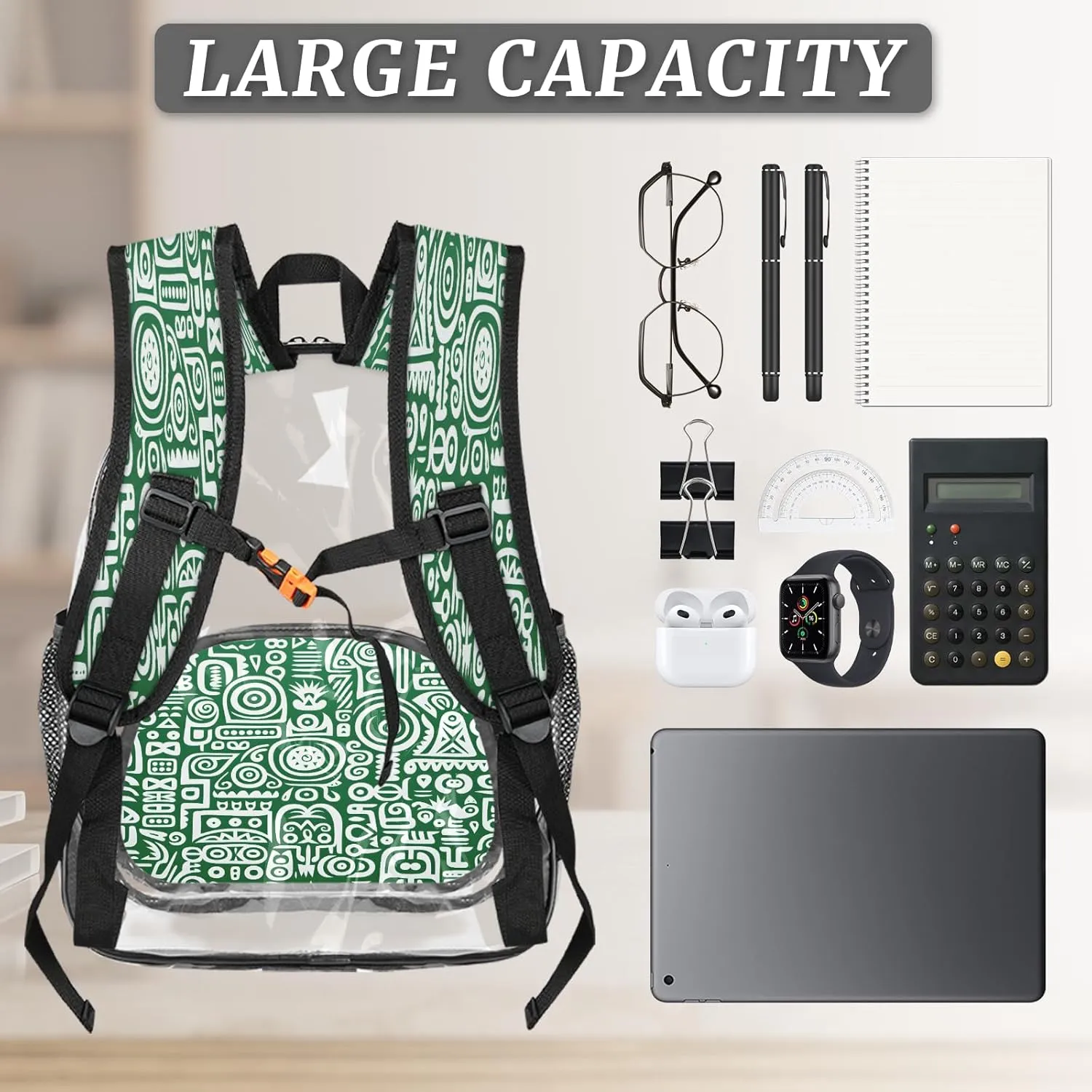 KOBLEN Green White Abstract Motifs 14.2 Inch Clear Backpack, Heavy Duty Transparent PVC Daypack with Adjustable Padded Straps, Large Capacity Clear Bag for Festival, Concerts, Travel