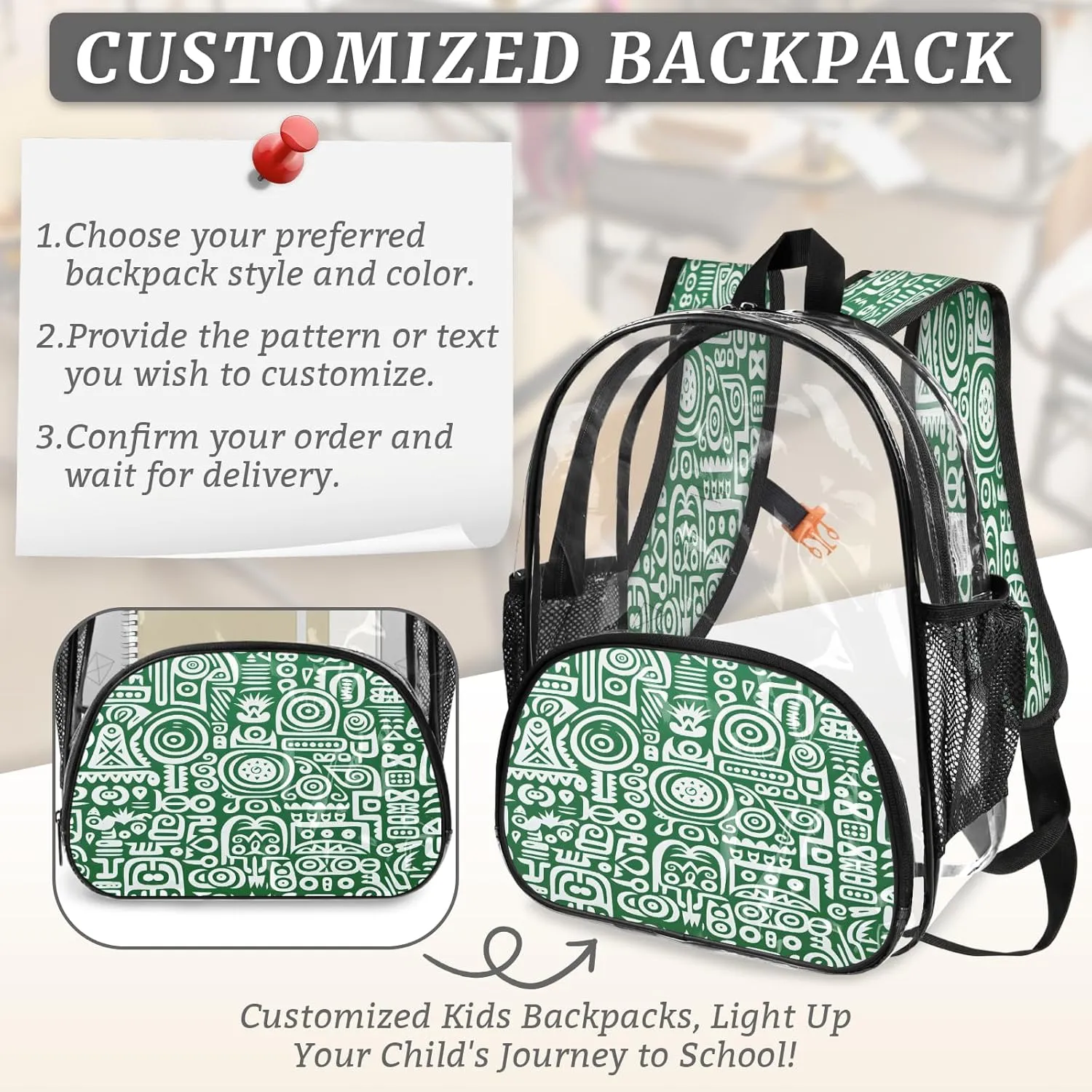 KOBLEN Green White Abstract Motifs 14.2 Inch Clear Backpack, Heavy Duty Transparent PVC Daypack with Adjustable Padded Straps, Large Capacity Clear Bag for Festival, Concerts, Travel