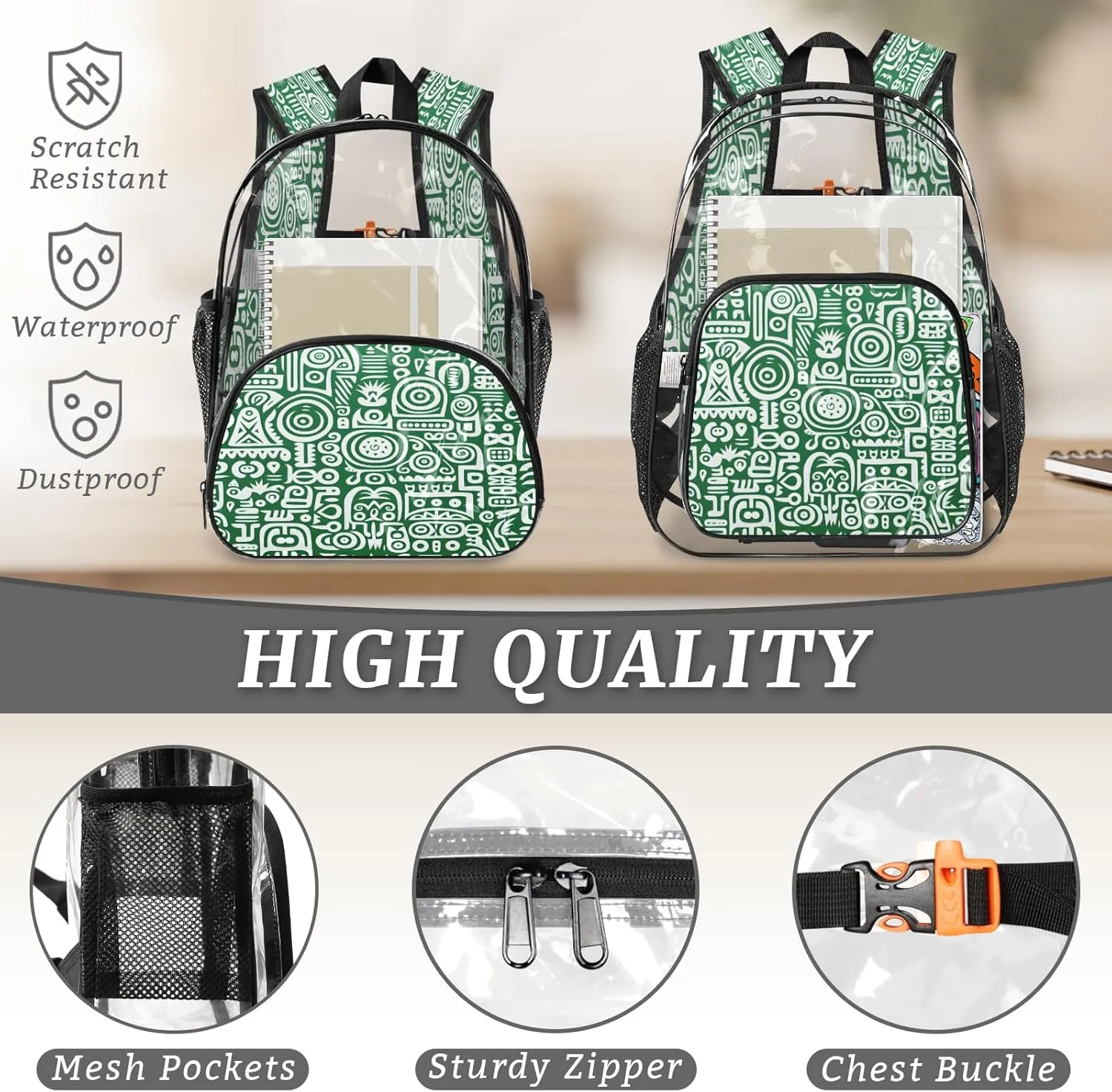 KOBLEN Green White Abstract Motifs 14.2 Inch Clear Backpack, Heavy Duty Transparent PVC Daypack with Adjustable Padded Straps, Large Capacity Clear Bag for Festival, Concerts, Travel