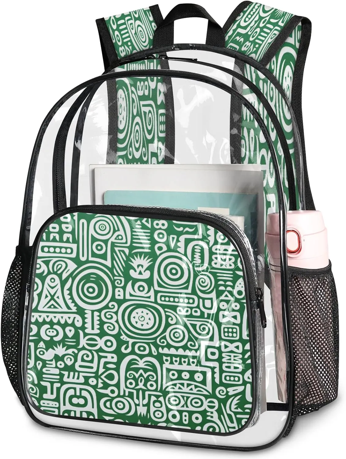 KOBLEN Green White Abstract Motifs 14.2 Inch Clear Backpack, Heavy Duty Transparent PVC Daypack with Adjustable Padded Straps, Large Capacity Clear Bag for Festival, Concerts, Travel