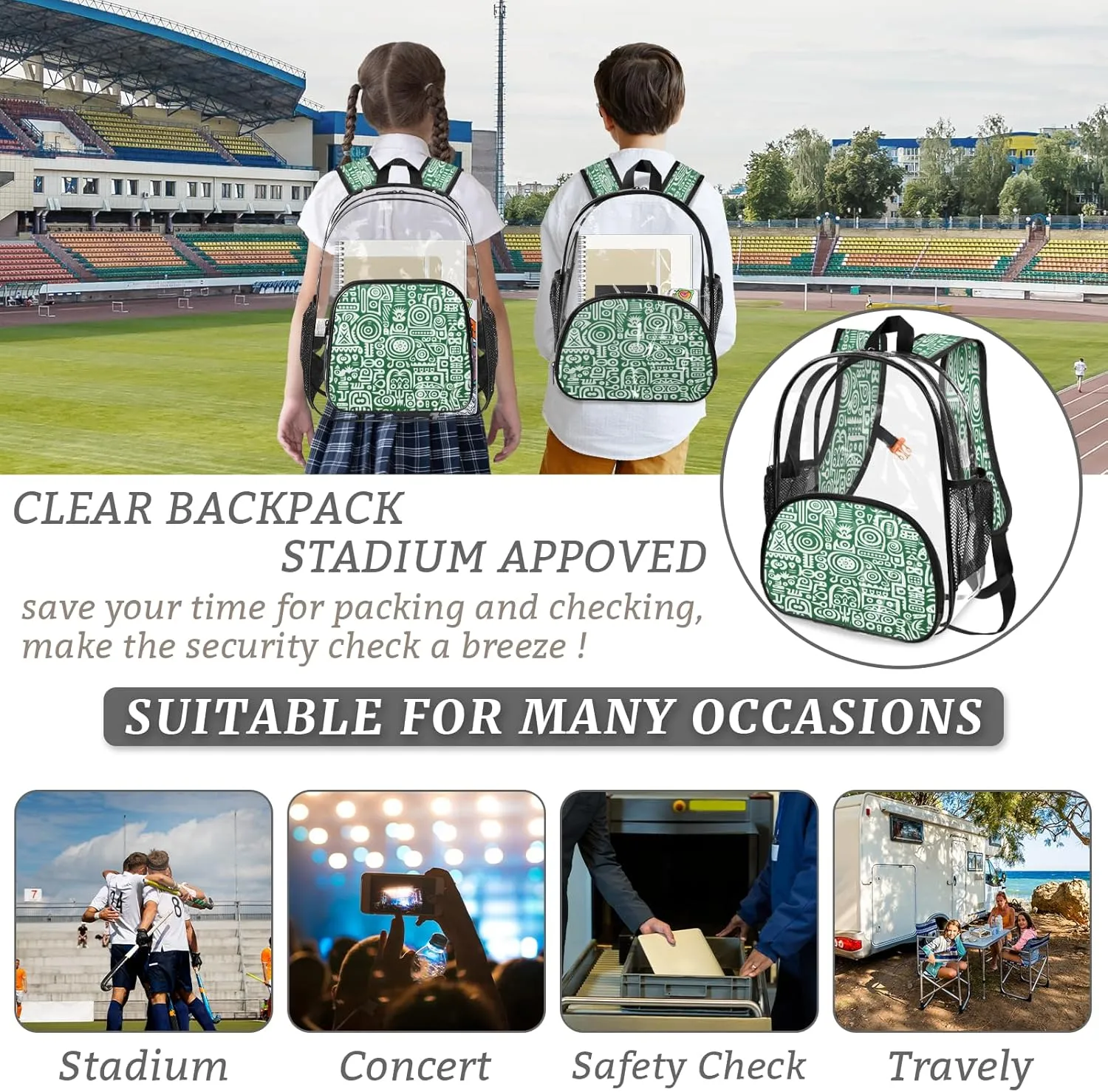 KOBLEN Green White Abstract Motifs 14.2 Inch Clear Backpack, Heavy Duty Transparent PVC Daypack with Adjustable Padded Straps, Large Capacity Clear Bag for Festival, Concerts, Travel