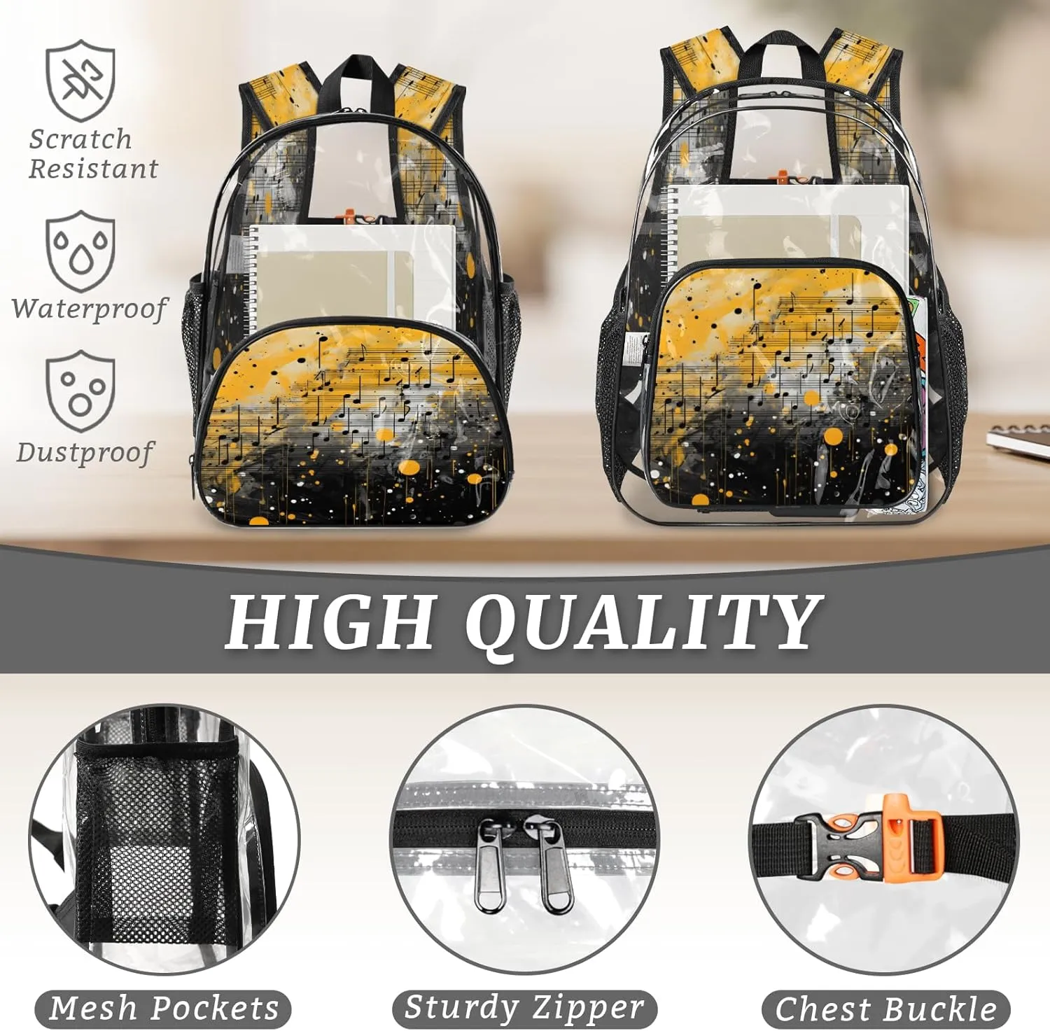 KOBLEN Musical Notes Art 14.2 Inch Clear Backpack, Heavy Duty Transparent PVC Daypack with Adjustable Padded Straps, Large Capacity Clear Bag for Festival, Concerts, Travel