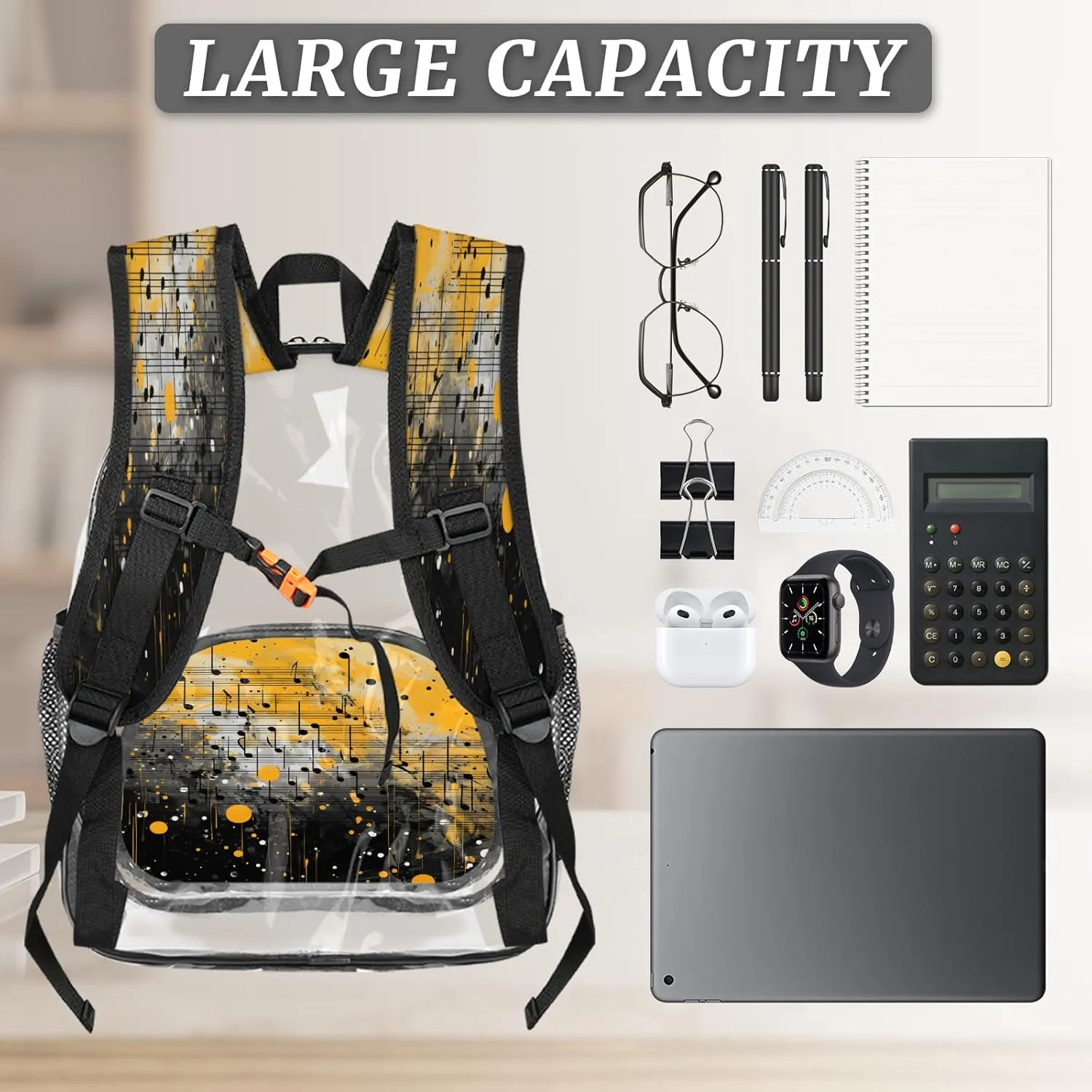 KOBLEN Musical Notes Art 14.2 Inch Clear Backpack, Heavy Duty Transparent PVC Daypack with Adjustable Padded Straps, Large Capacity Clear Bag for Festival, Concerts, Travel