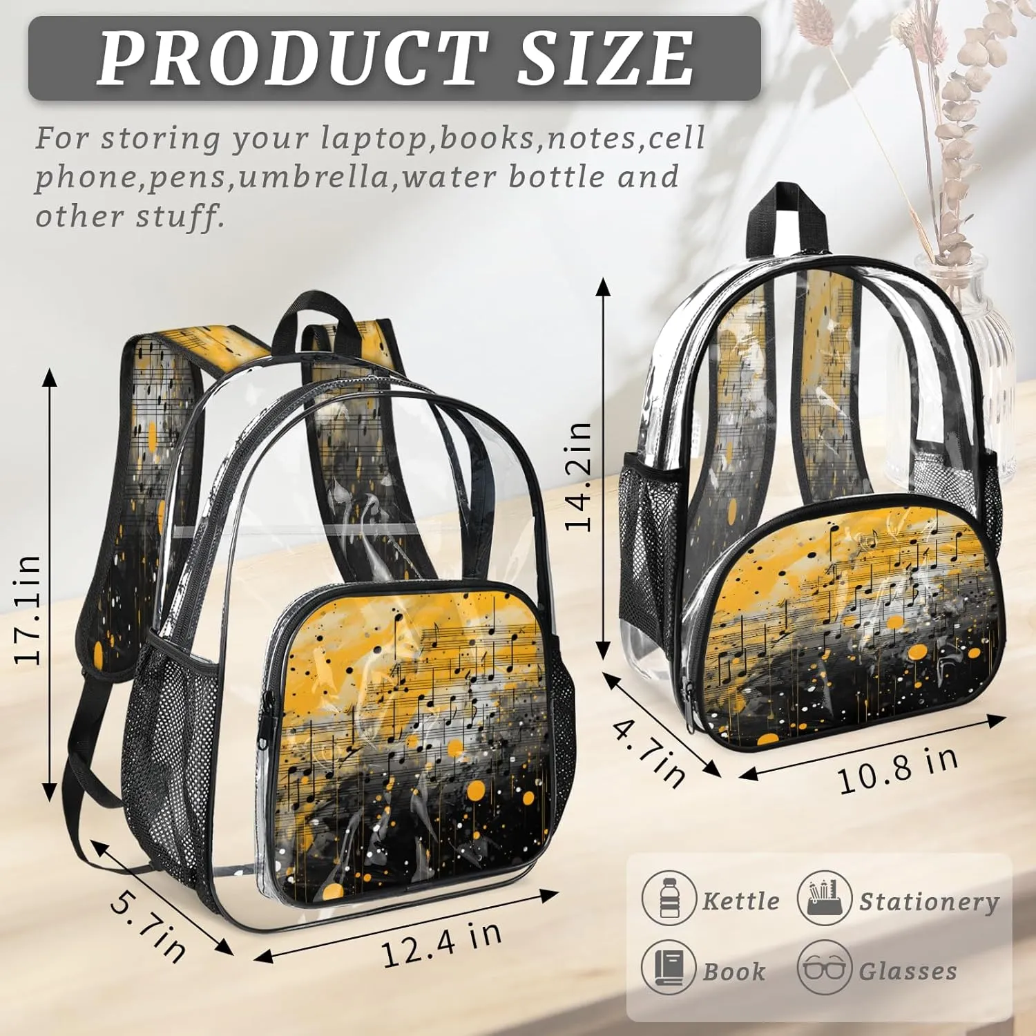 KOBLEN Musical Notes Art 14.2 Inch Clear Backpack, Heavy Duty Transparent PVC Daypack with Adjustable Padded Straps, Large Capacity Clear Bag for Festival, Concerts, Travel