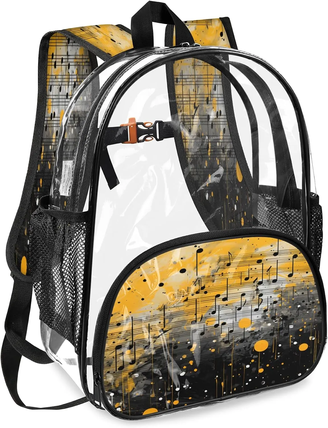 KOBLEN Musical Notes Art 14.2 Inch Clear Backpack, Heavy Duty Transparent PVC Daypack with Adjustable Padded Straps, Large Capacity Clear Bag for Festival, Concerts, Travel