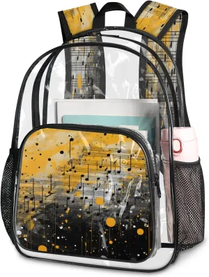 KOBLEN Musical Notes Art 14.2 Inch Clear Backpack, Heavy Duty Transparent PVC Daypack with Adjustable Padded Straps, Large Capacity Clear Bag for Festival, Concerts, Travel
