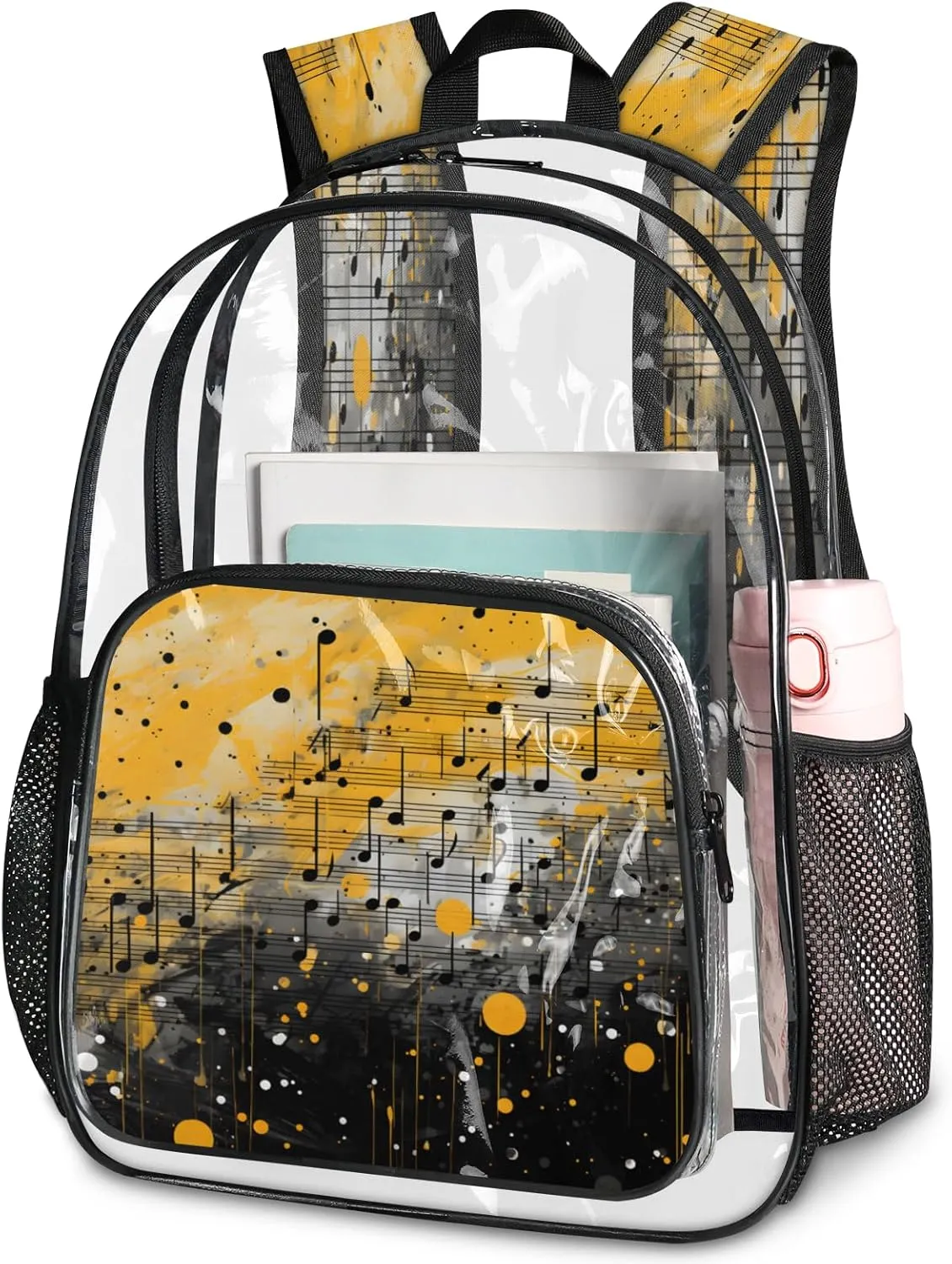 KOBLEN Musical Notes Art 14.2 Inch Clear Backpack, Heavy Duty Transparent PVC Daypack with Adjustable Padded Straps, Large Capacity Clear Bag for Festival, Concerts, Travel