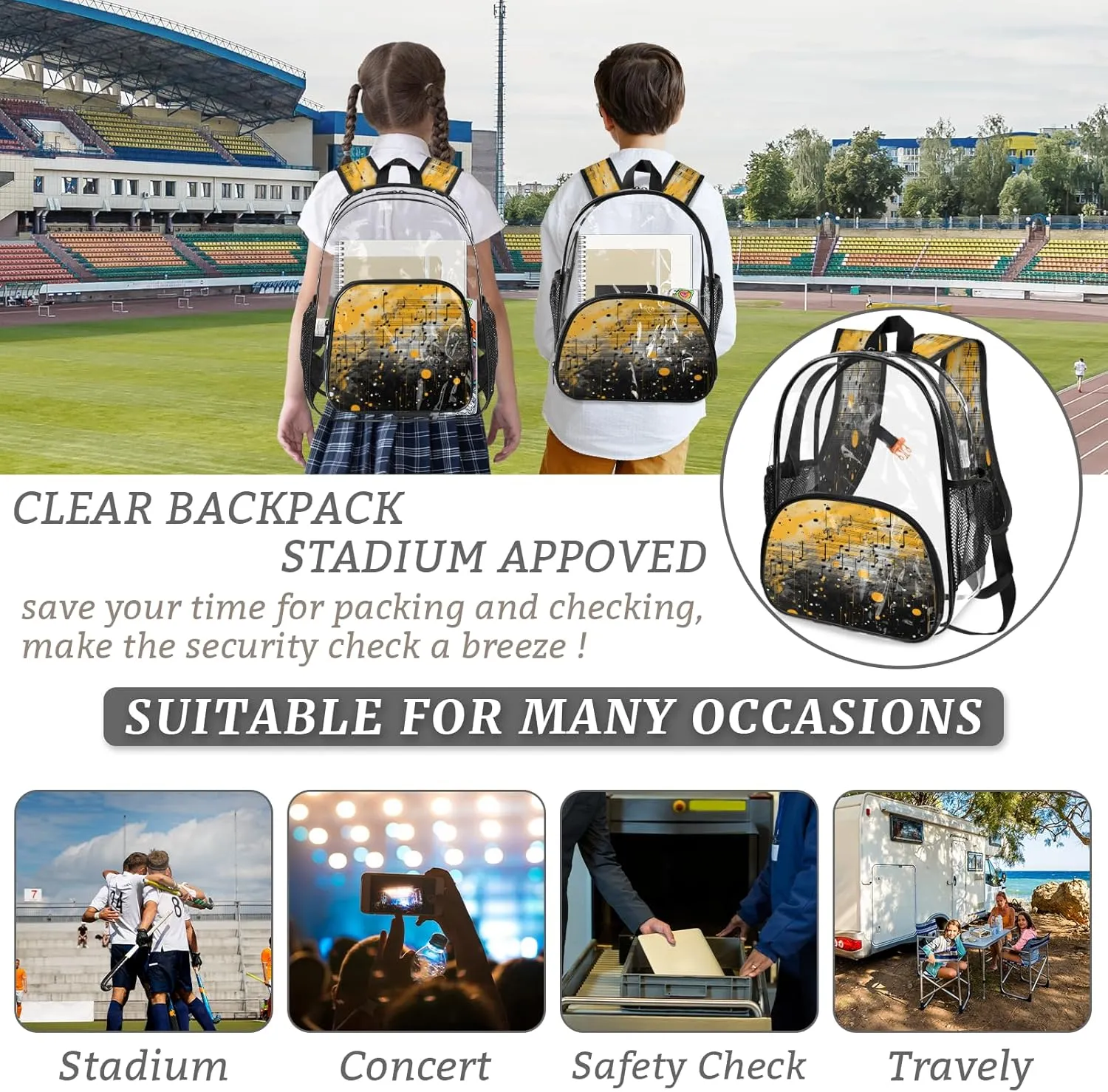 KOBLEN Musical Notes Art 14.2 Inch Clear Backpack, Heavy Duty Transparent PVC Daypack with Adjustable Padded Straps, Large Capacity Clear Bag for Festival, Concerts, Travel