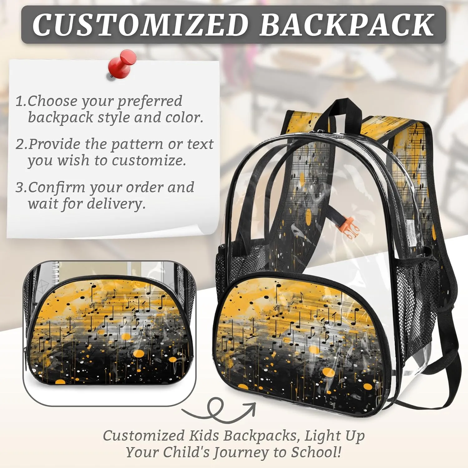 KOBLEN Musical Notes Art 14.2 Inch Clear Backpack, Heavy Duty Transparent PVC Daypack with Adjustable Padded Straps, Large Capacity Clear Bag for Festival, Concerts, Travel