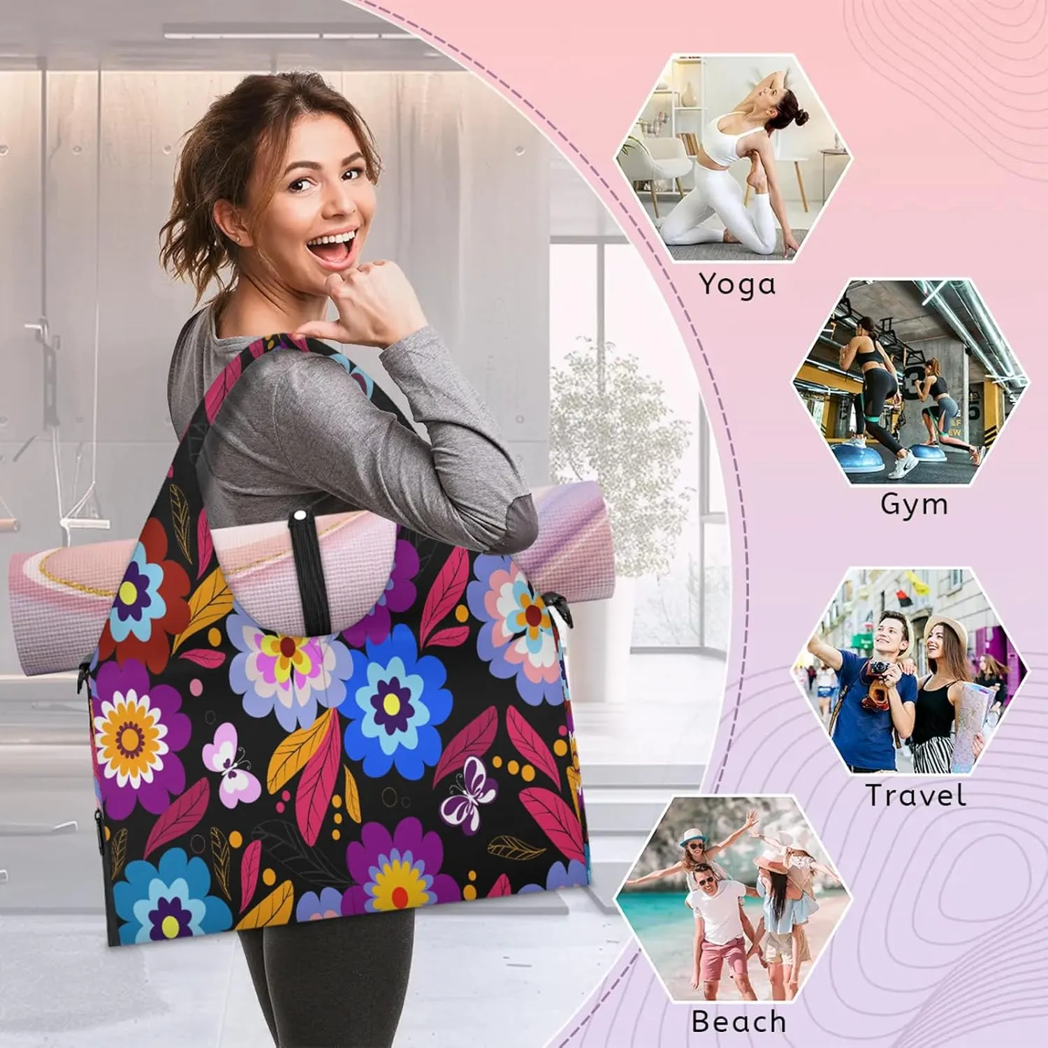 KOBLEN Yoga Gym Bags for Women Duffel Bag with Shoe Compartment and Yoga Mat Portable Weekender Bags for Pilates Travel Offices Workout Beach