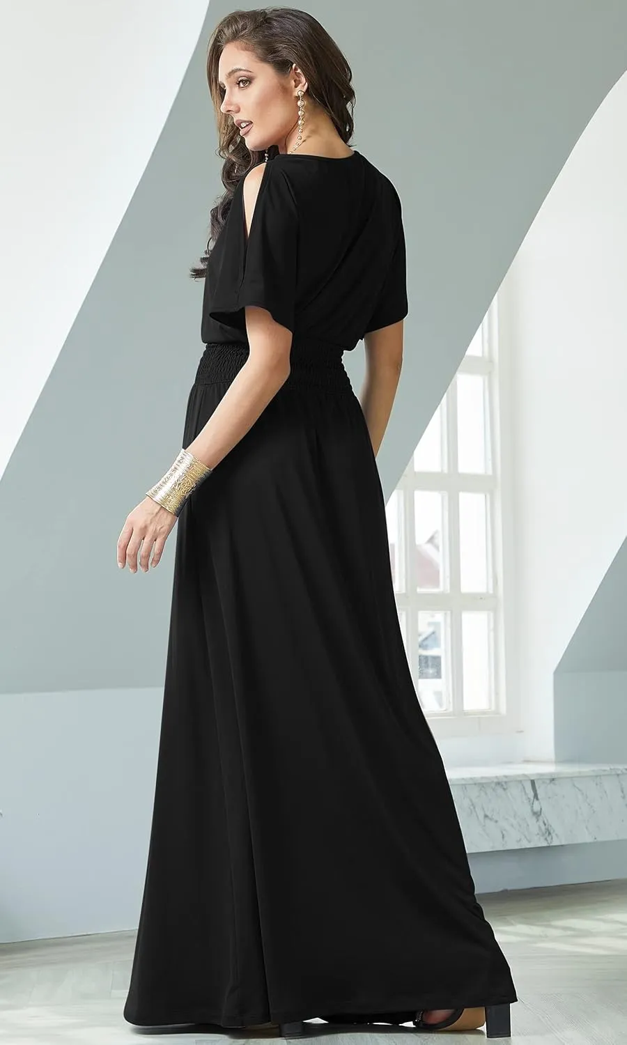 KOH KOH Womens Split Sleeves Smocked Elegant Cocktail Long Maxi Dress