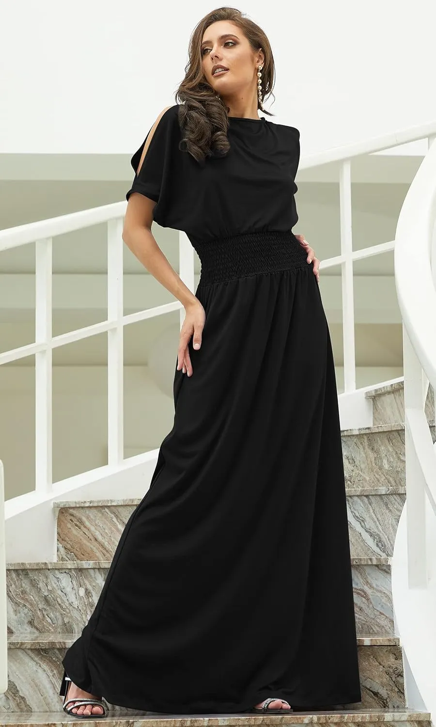 KOH KOH Womens Split Sleeves Smocked Elegant Cocktail Long Maxi Dress