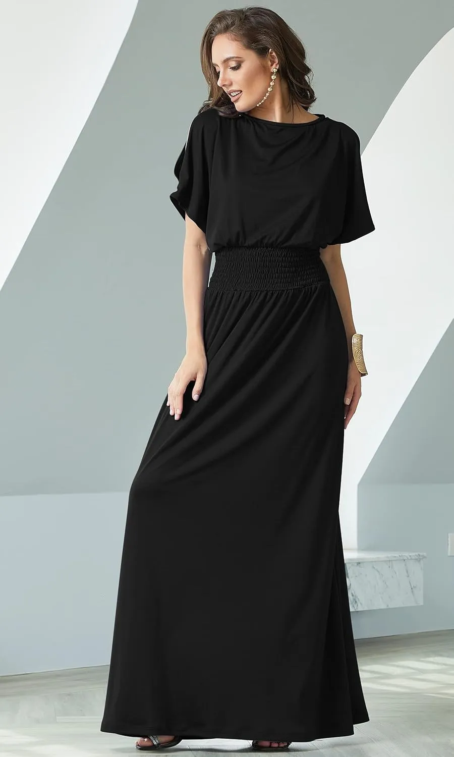 KOH KOH Womens Split Sleeves Smocked Elegant Cocktail Long Maxi Dress