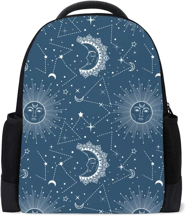 Kuizee Classic Backpack Adjustable Padded Shoulder Straps Daypack ﻿Bohemian Sun Moon Stars Astronomy Astrology Symbol Dark Blue Book Bag Casual Bags Durable College School Daily 16Inch