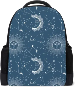 Kuizee Classic Backpack Adjustable Padded Shoulder Straps Daypack ﻿Bohemian Sun Moon Stars Astronomy Astrology Symbol Dark Blue Book Bag Casual Bags Durable College School Daily 16Inch