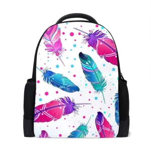 Kuizee Classic Backpack Schoolbag Adjustable Padded Shoulder Straps Daypack ﻿Painted Bird Feathers Colorful Casual Bags Durable College Daily 16Inch