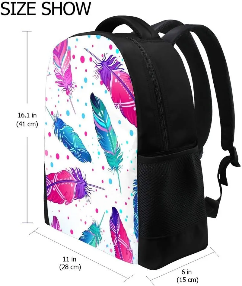 Kuizee Classic Backpack Schoolbag Adjustable Padded Shoulder Straps Daypack ﻿Painted Bird Feathers Colorful Casual Bags Durable College Daily 16Inch
