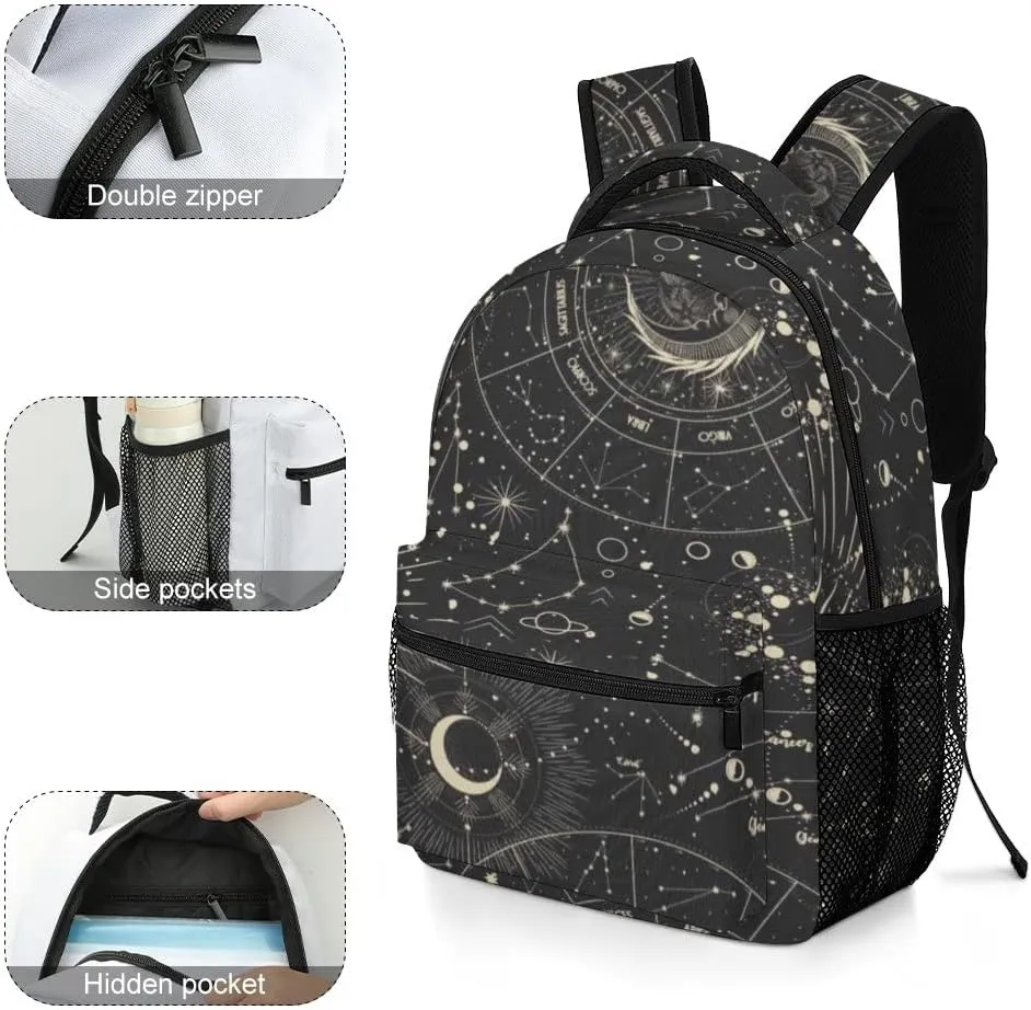 Kuizee Travel Laptop Backpack Business Daypack Work Bookbag Moon Phases Sun Zodiac Mysterious Astrology Durable iPad Tablet School College Book Bags Casual Bags for Men and Women
