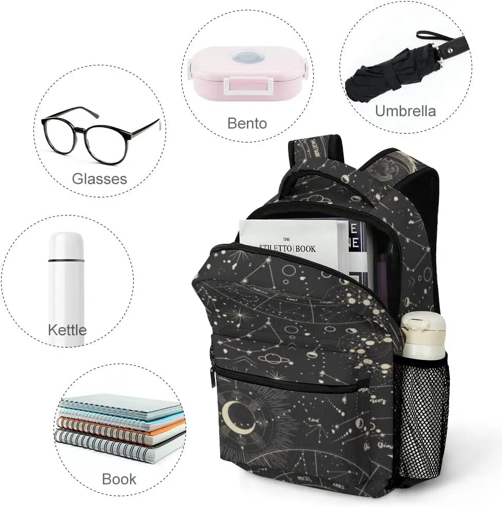 Kuizee Travel Laptop Backpack Business Daypack Work Bookbag Moon Phases Sun Zodiac Mysterious Astrology Durable iPad Tablet School College Book Bags Casual Bags for Men and Women