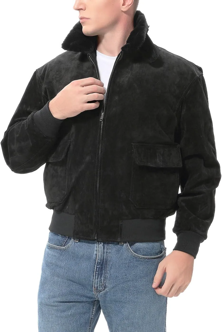 Landing Leathers Men Navy G-1 Leather Flight Bomber Jacket (Also available in Big & Tall)