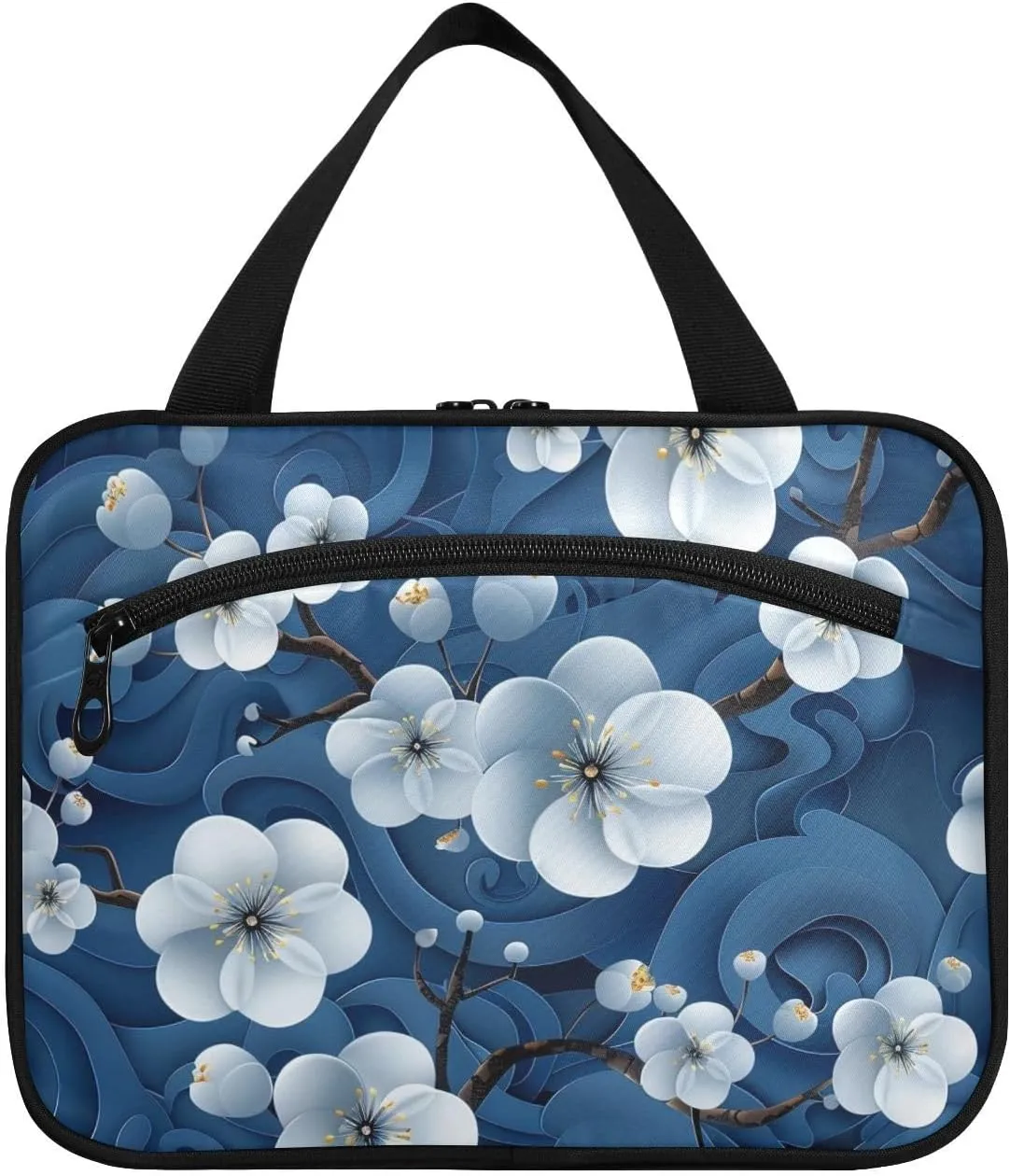Landscape Cherry Blossom Blue hanging travel makeup bags with hook, designer unisex for cruise travel estuche para guardar maquillaje L