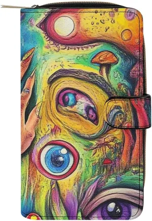 Large Capacity Colorful Trippy Acid Eyes Art Wallet, 12 Card Slots and Compartments Purse for Women Men, Funny Waterproof Lightweight Reusable Wallets