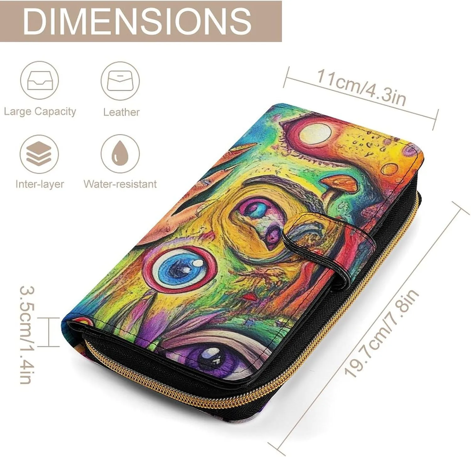Large Capacity Colorful Trippy Acid Eyes Art Wallet, 12 Card Slots and Compartments Purse for Women Men, Funny Waterproof Lightweight Reusable Wallets