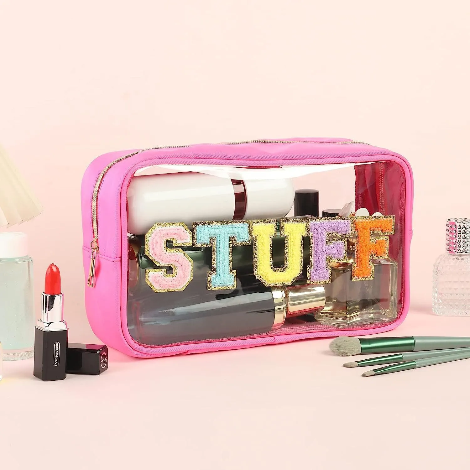 Large Chenille Letters Makeup Bag for Travel & Beach, Preppy Patch Clear Cosmetic Stuff Bag, Toiletry Pouch for Women (8.66*5.31*3.15 inch, Apricot)