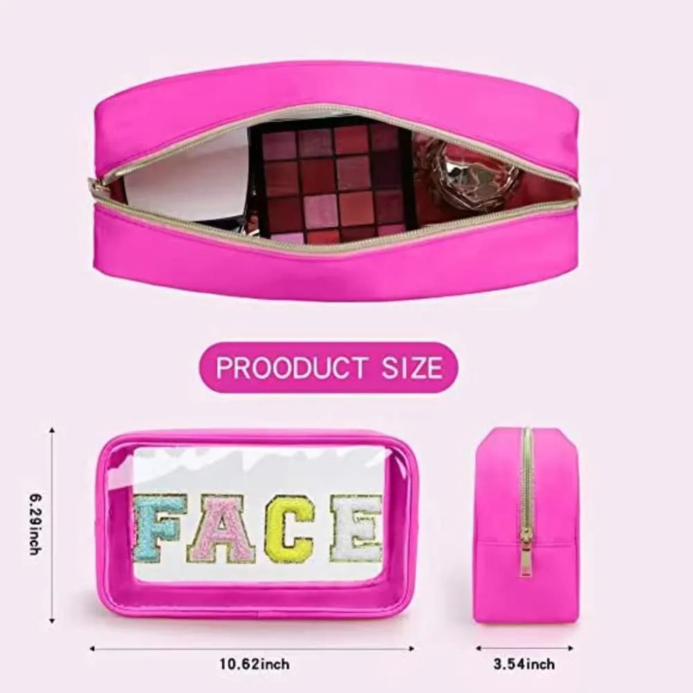 Large Chenille Letters Makeup Bag for Travel & Beach, Preppy Patch Clear Cosmetic Stuff Bag, Toiletry Pouch for Women (8.66*5.31*3.15 inch, Apricot)