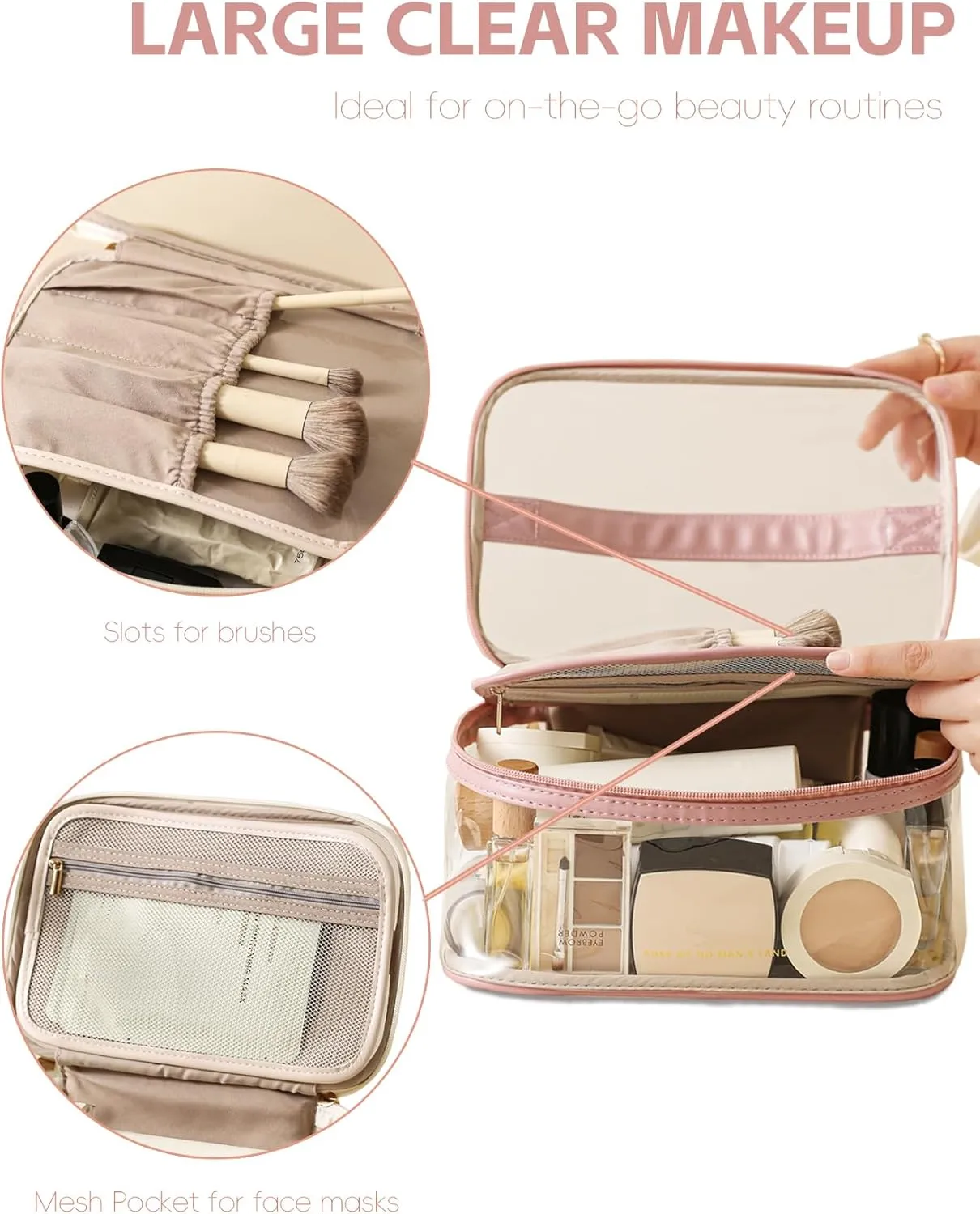 Large Clear Makeup Bag Big Cosmetic Bags Waterproof Toiletry Orangizer with Handle Transparent Toiletries Case Travel Pouch for Women Girls Daily Beauty Purse Essentials Skincare Bag Purple