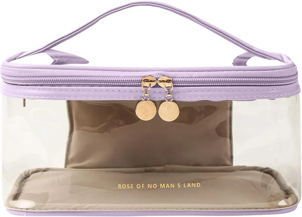 Large Clear Makeup Bag Big Cosmetic Bags Waterproof Toiletry Orangizer with Handle Transparent Toiletries Case Travel Pouch for Women Girls Daily Beauty Purse Essentials Skincare Bag Purple
