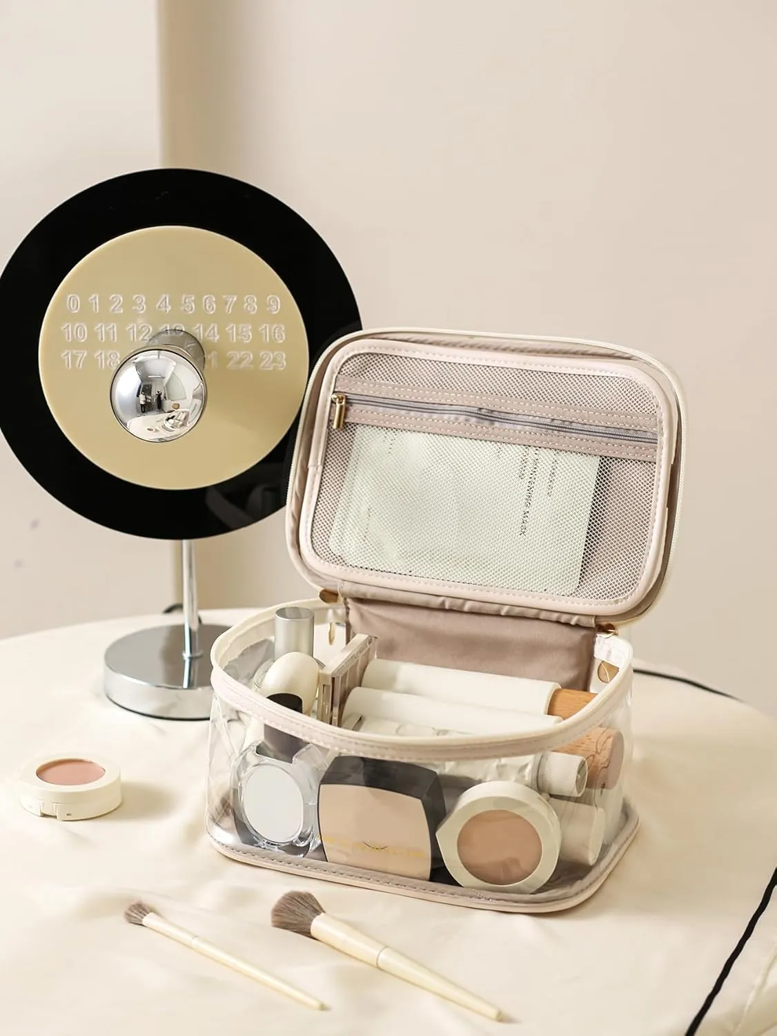 Large Clear Makeup Bag Big Cosmetic Bags Waterproof Toiletry Orangizer with Handle Transparent Toiletries Case Travel Pouch for Women Girls Daily Beauty Purse Essentials Skincare Bag Purple