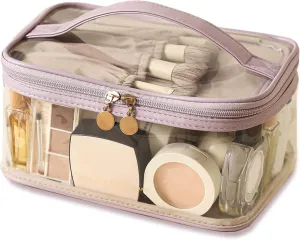 Large Clear Makeup Bag Big Cosmetic Bags Waterproof Toiletry Orangizer with Handle Transparent Toiletries Case Travel Pouch for Women Girls Daily Beauty Purse Essentials Skincare Bag Purple