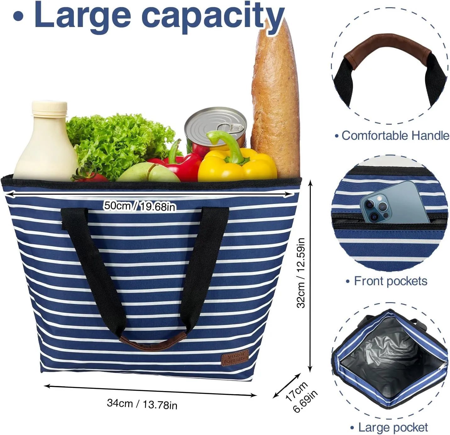 Large Cooler Bag Insulated Blue 30can 18L,Leakproof Soft Coolers Insulated Tote Bag, Reusable Grocery Bag ，Lunch Box Lunch Bag for Picnic Beach Camping.…