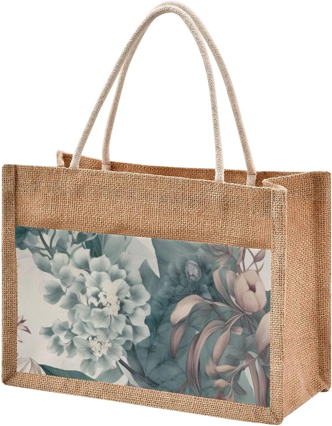 Large Jute Beach Bag Cotton Filled Handle Top Zipper Closure Burlap Tote Handbag 4 Size Pattern 1