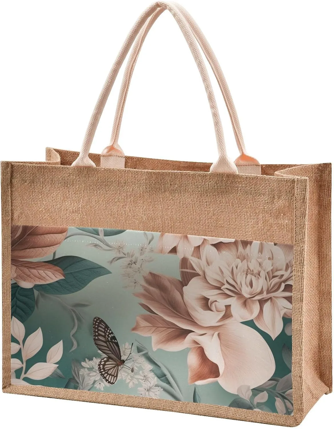 Large Jute Beach Bag Cotton Filled Handle Top Zipper Closure Burlap Tote Handbag 4 Size Pattern 1