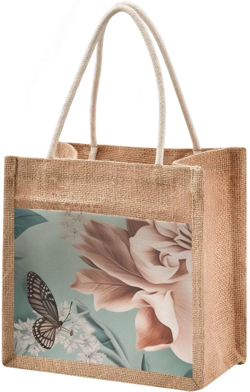 Large Jute Beach Bag Cotton Filled Handle Top Zipper Closure Burlap Tote Handbag 4 Size Pattern 1