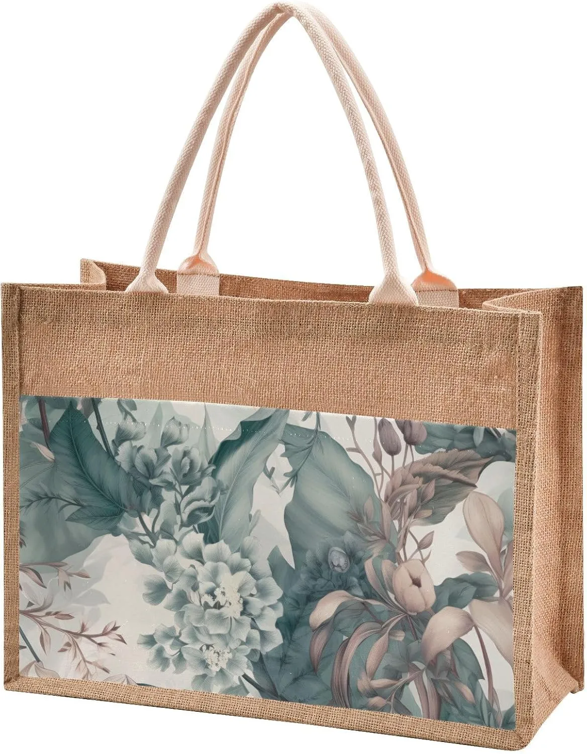 Large Jute Beach Bag Cotton Filled Handle Top Zipper Closure Burlap Tote Handbag 4 Size Pattern 1