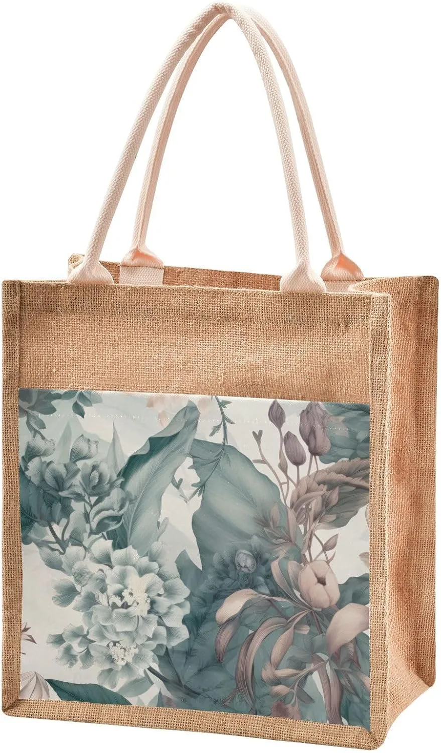 Large Jute Beach Bag Cotton Filled Handle Top Zipper Closure Burlap Tote Handbag 4 Size Pattern 1