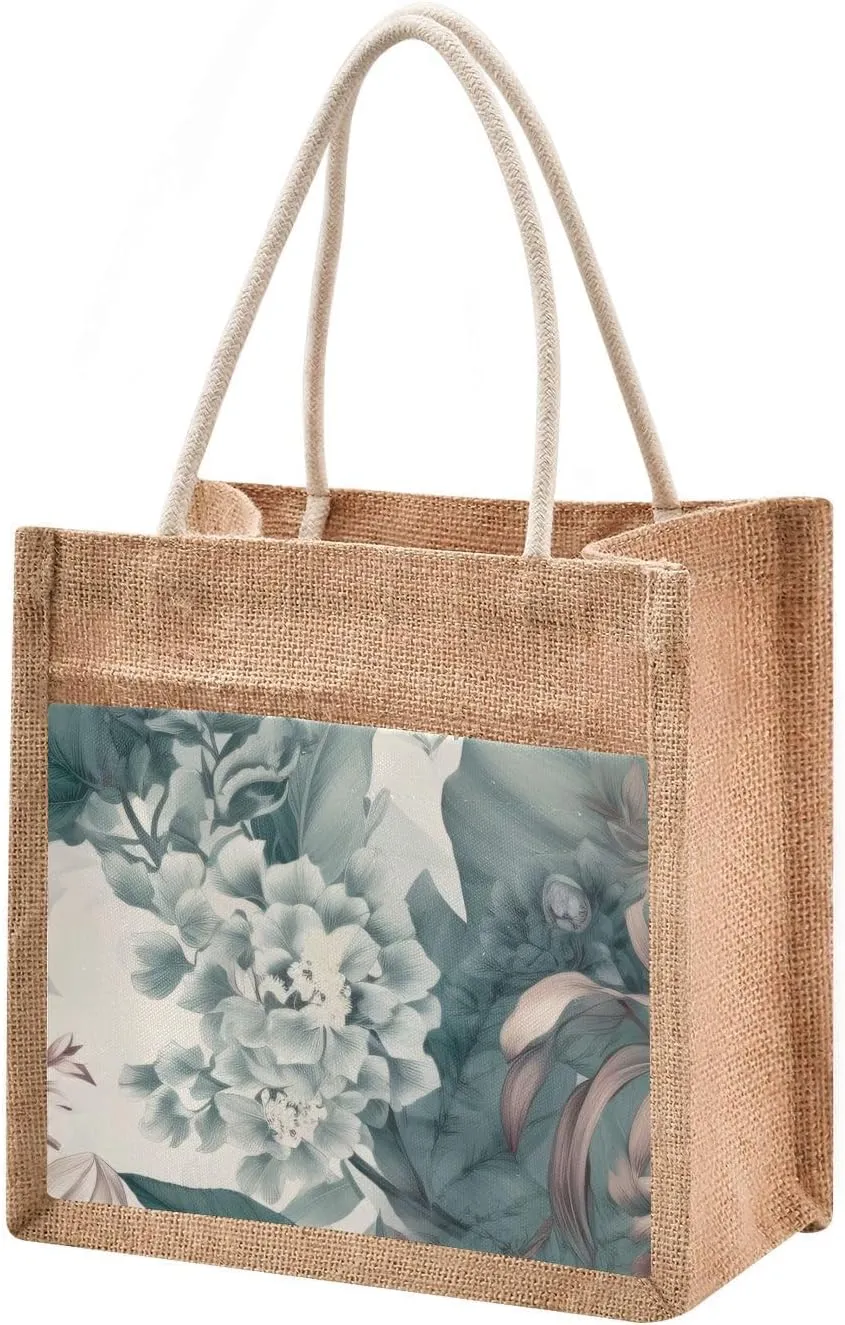 Large Jute Beach Bag Cotton Filled Handle Top Zipper Closure Burlap Tote Handbag 4 Size Pattern 1