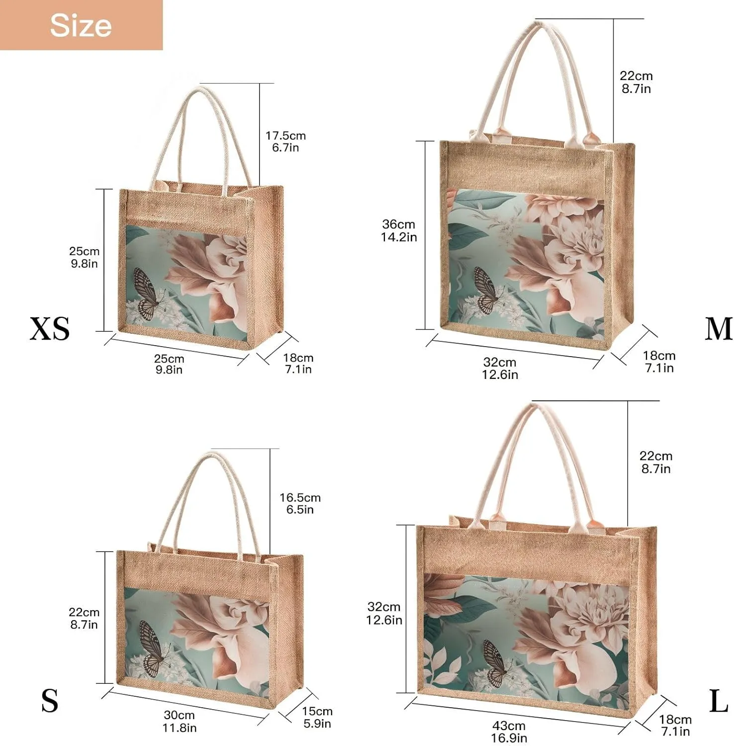 Large Jute Beach Bag Cotton Filled Handle Top Zipper Closure Burlap Tote Handbag 4 Size Pattern 1