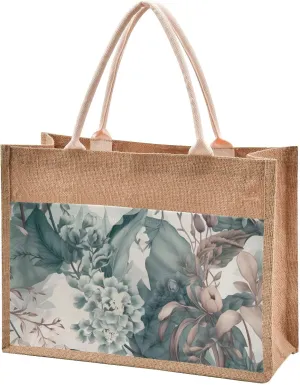 Large Jute Beach Bag Cotton Filled Handle Top Zipper Closure Burlap Tote Handbag 4 Size Pattern 1
