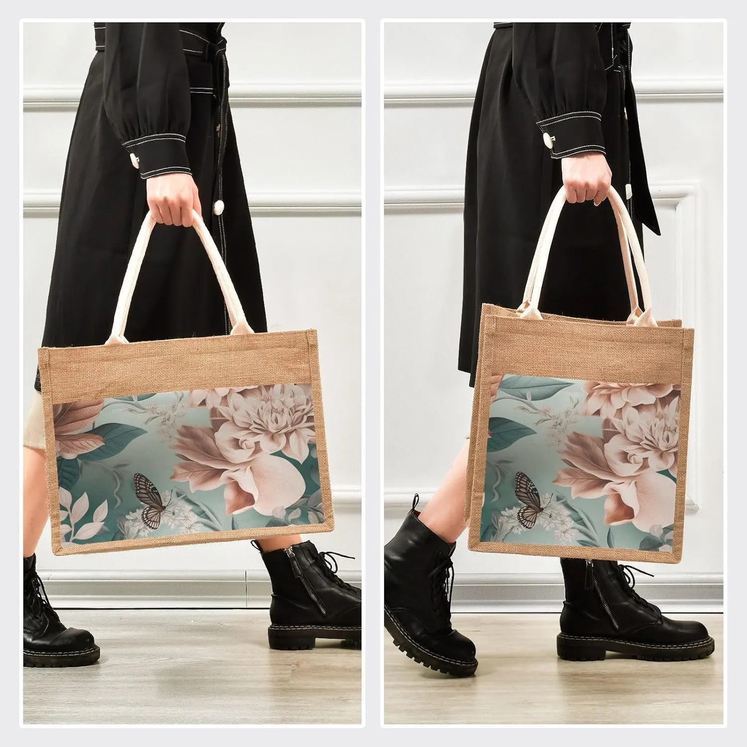 Large Jute Beach Bag Cotton Filled Handle Top Zipper Closure Burlap Tote Handbag 4 Size Pattern 1