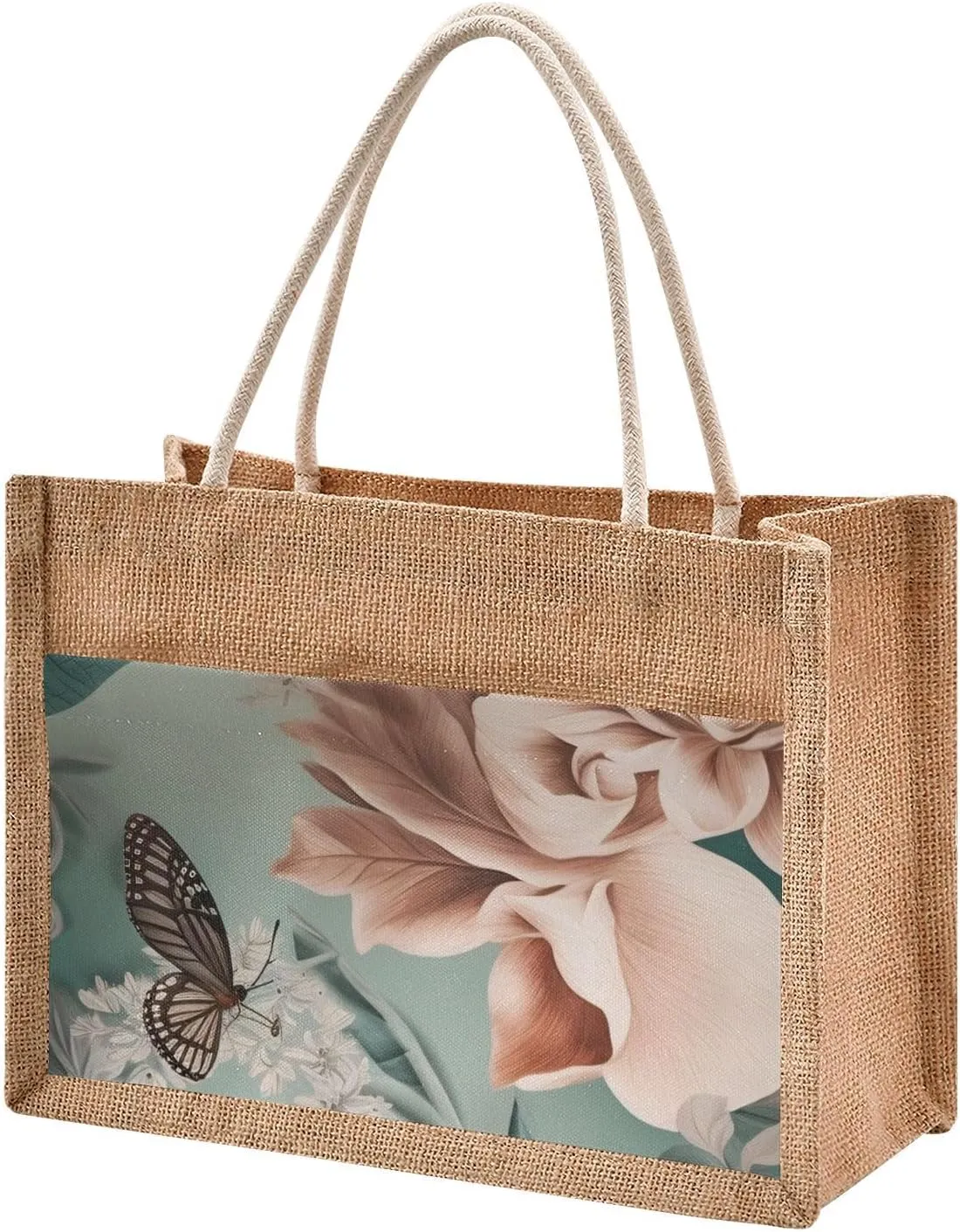 Large Jute Beach Bag Cotton Filled Handle Top Zipper Closure Burlap Tote Handbag 4 Size Pattern 1