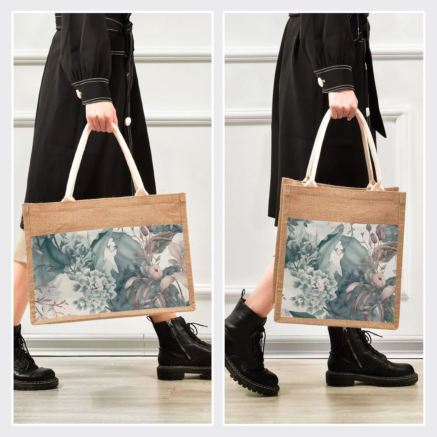 Large Jute Beach Bag Cotton Filled Handle Top Zipper Closure Burlap Tote Handbag 4 Size Pattern 1