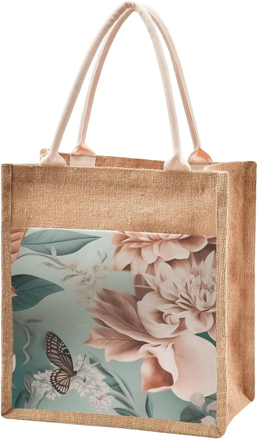 Large Jute Beach Bag Cotton Filled Handle Top Zipper Closure Burlap Tote Handbag 4 Size Pattern 1